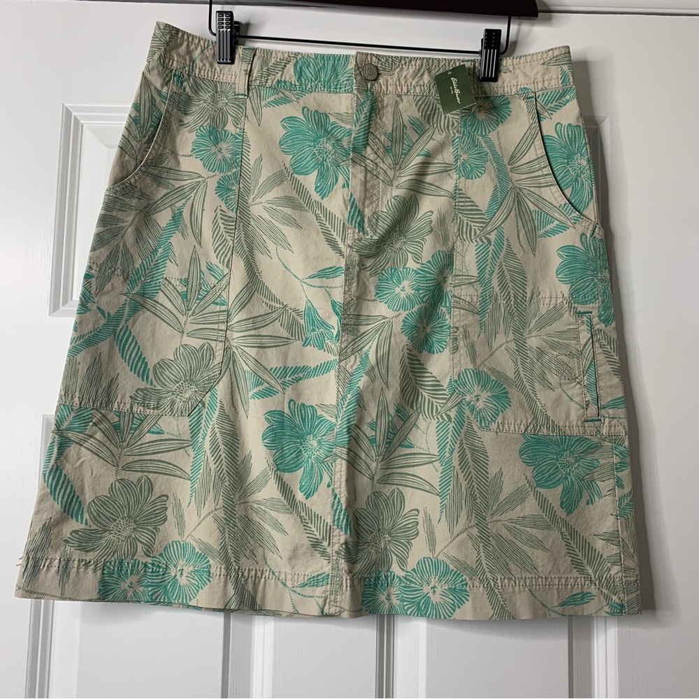 Eddie Bauer Beige and Teal Floral Print Cotton Blend  Skirt Size 8 NWT